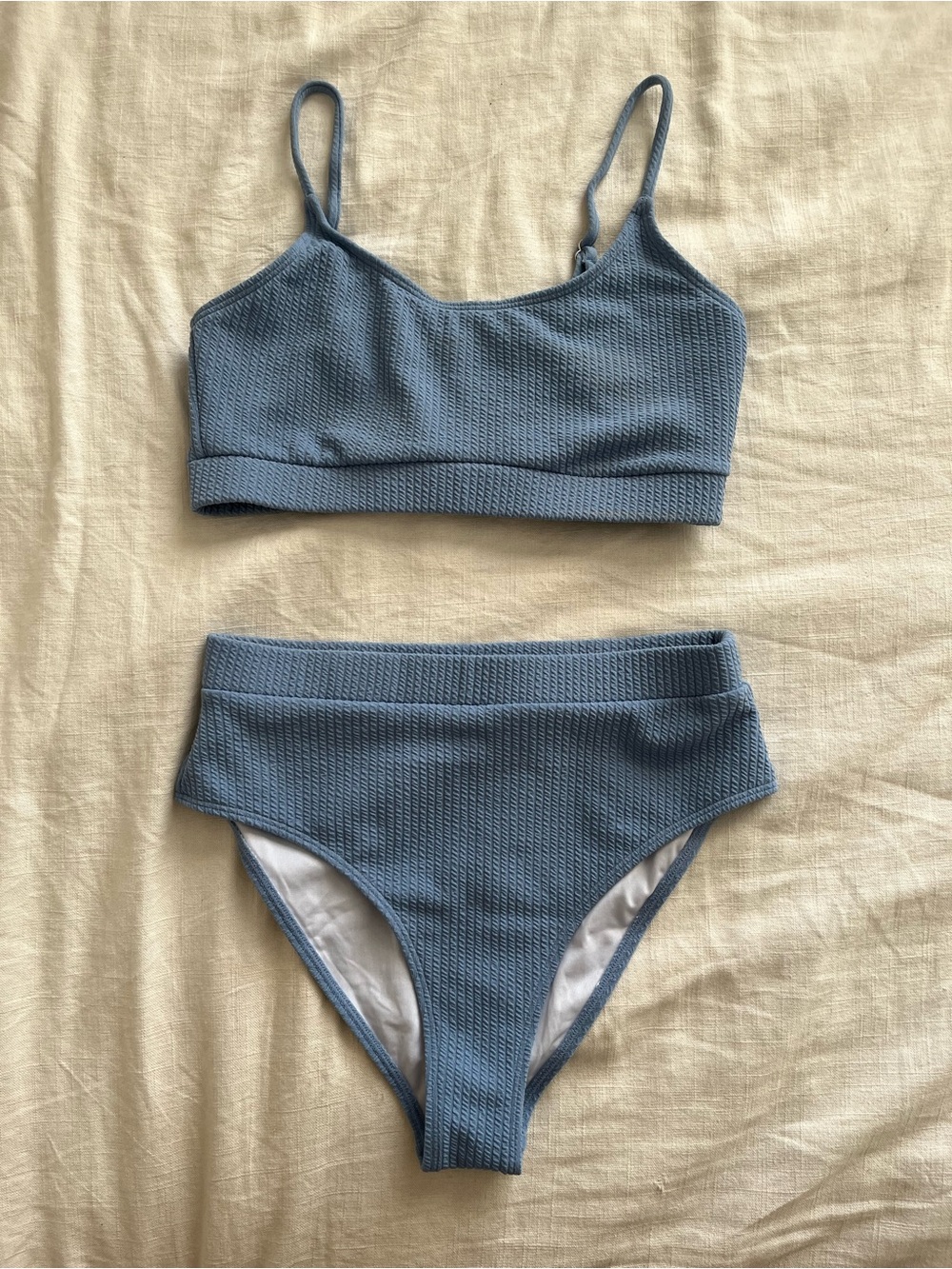 High Waisted Tummy Control Blue Ribbed Bikini Swimsuit Set - Picture 2 of 8